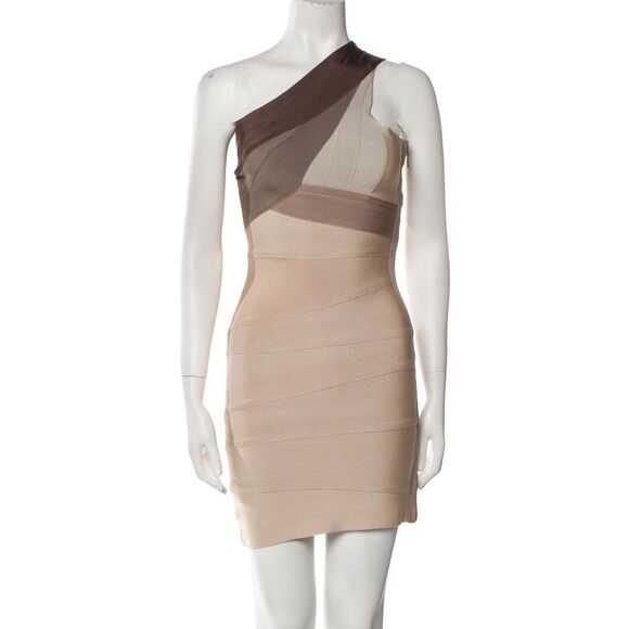 Herve Leger One Shoulder Mini Bandage Dress Ombré Tan Brown Size XS - Picture 2 of 12
